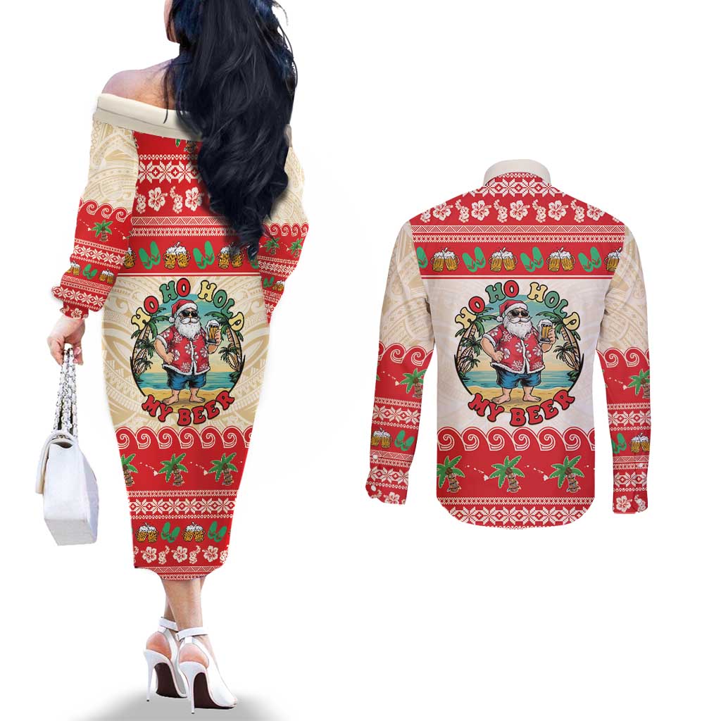Mele Kalikimaka Hawaii Couples Matching Off The Shoulder Long Sleeve Dress and Long Sleeve Button Shirt Funny Beer-Loving Santa Hawaiian Tropical - Polynesian Pride