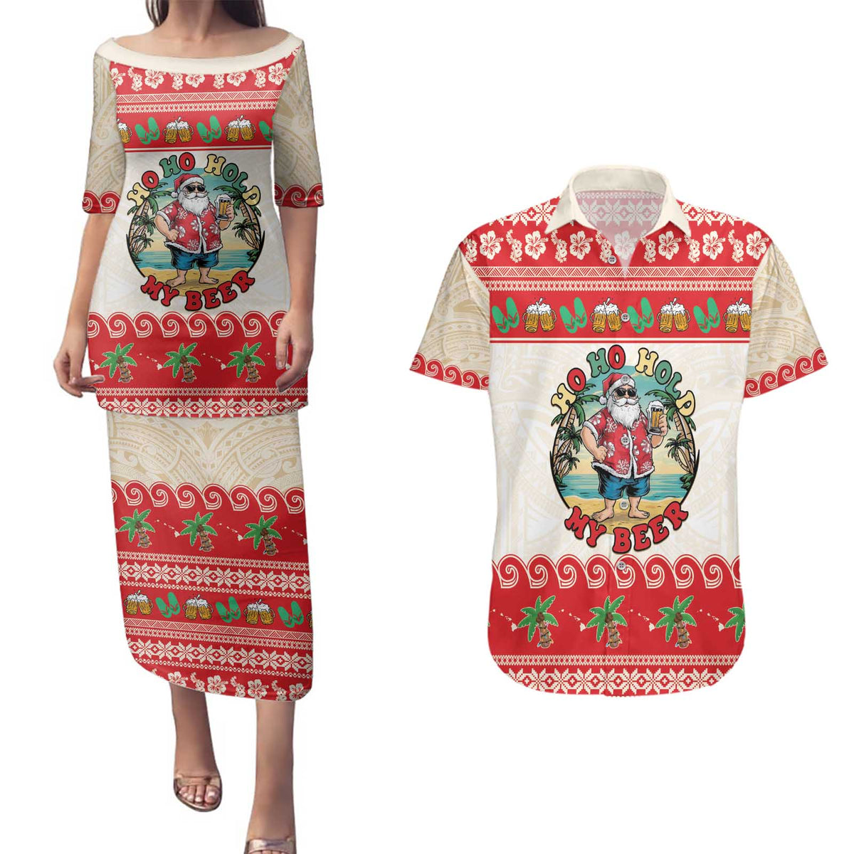 Mele Kalikimaka Hawaii Couples Matching Puletasi and Hawaiian Shirt Funny Beer-Loving Santa Hawaiian Tropical - Polynesian Pride