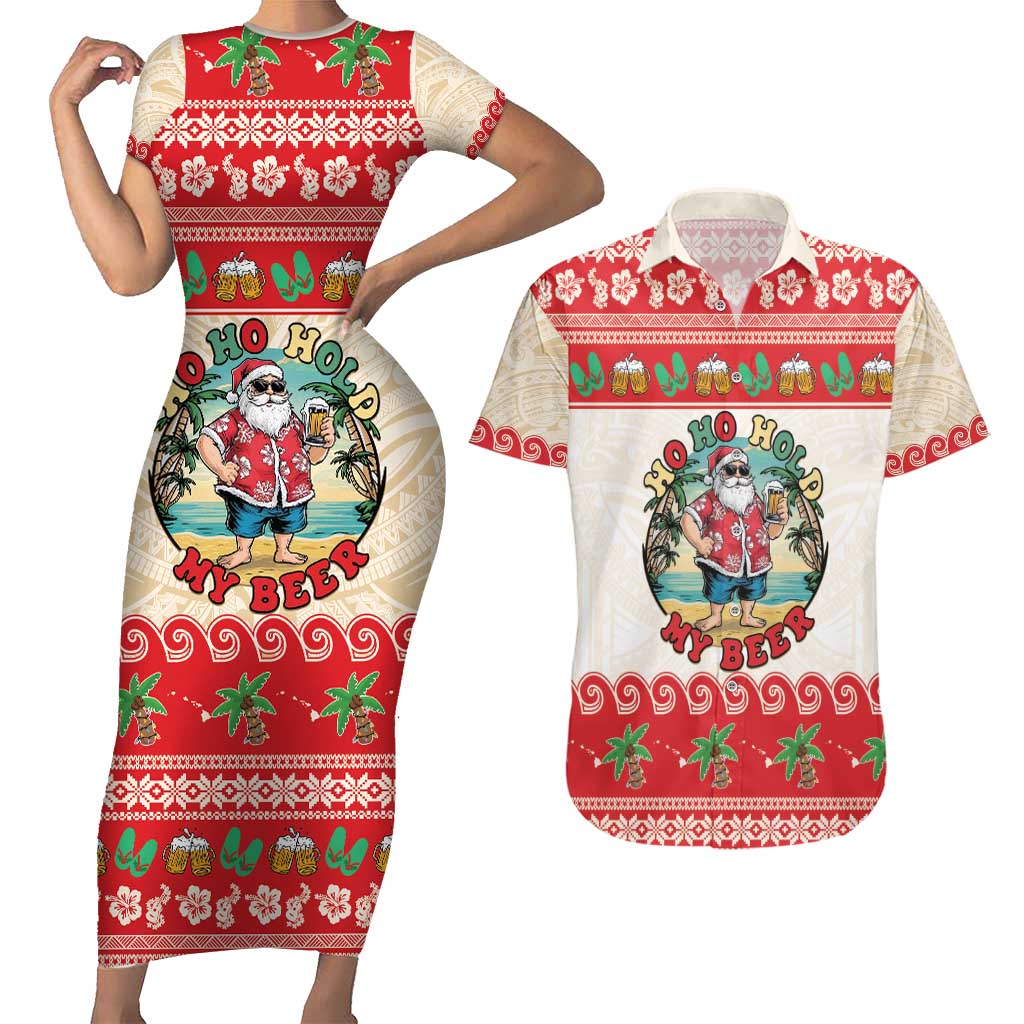 Mele Kalikimaka Hawaii Couples Matching Short Sleeve Bodycon Dress and Hawaiian Shirt Funny Beer-Loving Santa Hawaiian Tropical - Polynesian Pride