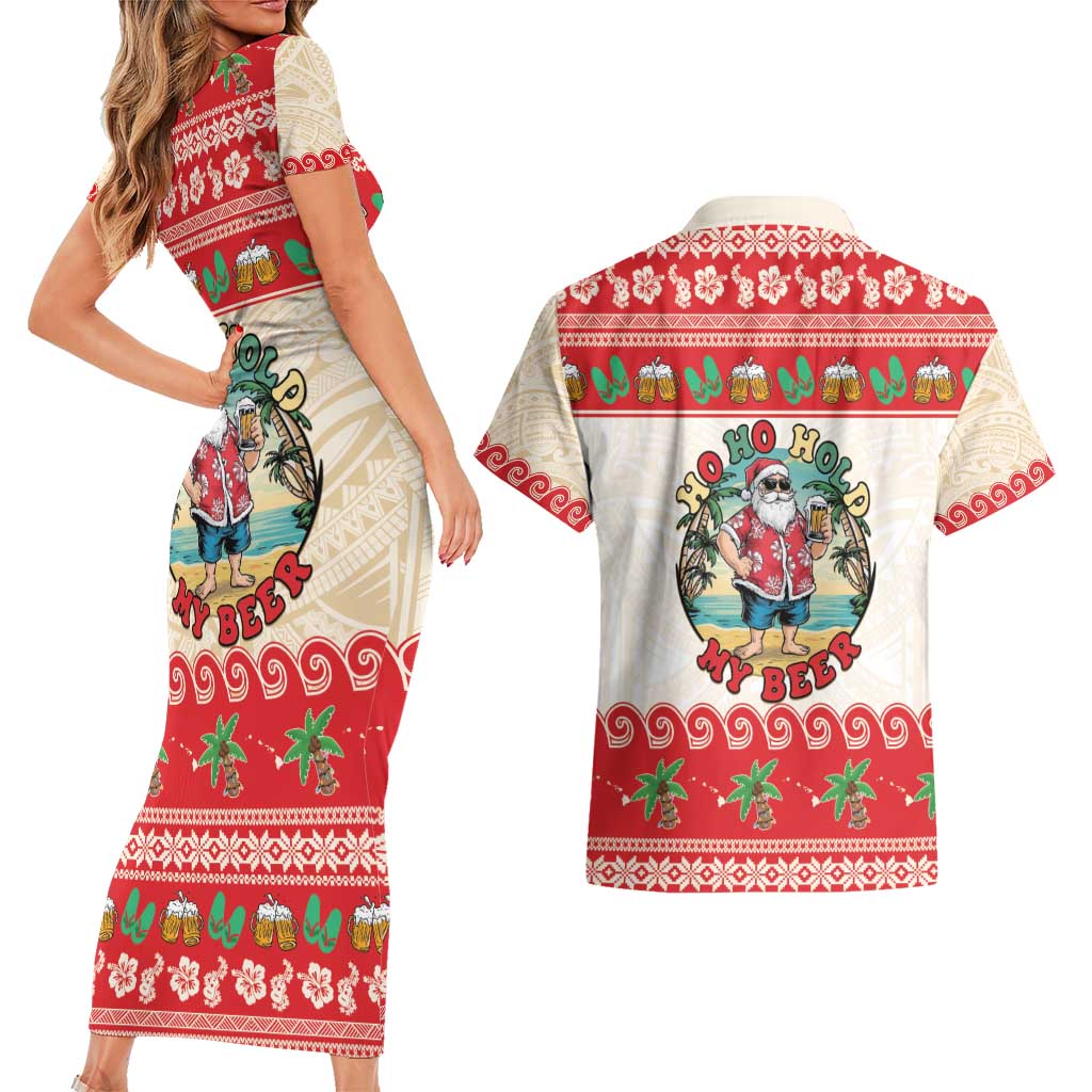 Mele Kalikimaka Hawaii Couples Matching Short Sleeve Bodycon Dress and Hawaiian Shirt Funny Beer-Loving Santa Hawaiian Tropical - Polynesian Pride