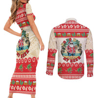 Mele Kalikimaka Hawaii Couples Matching Short Sleeve Bodycon Dress and Long Sleeve Button Shirt Funny Beer-Loving Santa Hawaiian Tropical - Polynesian Pride