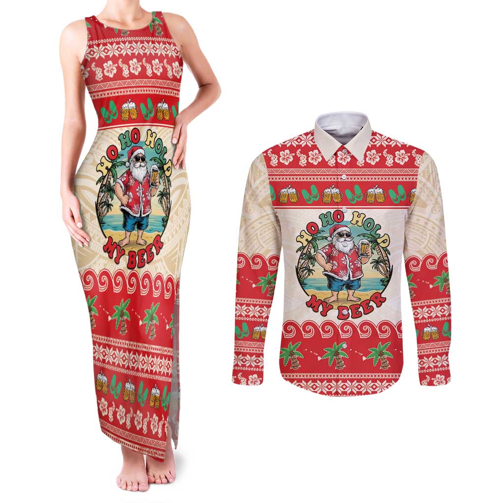 Mele Kalikimaka Hawaii Couples Matching Tank Maxi Dress and Long Sleeve Button Shirt Funny Beer-Loving Santa Hawaiian Tropical - Polynesian Pride