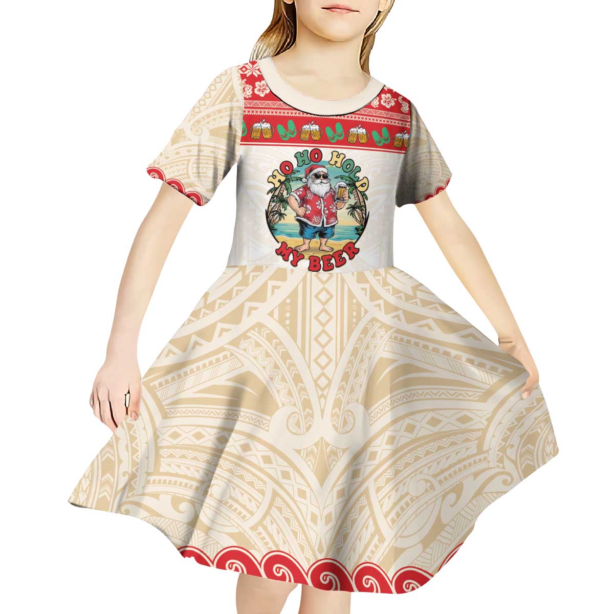 Mele Kalikimaka Hawaii Kid Short Sleeve Dress Funny Beer-Loving Santa Hawaiian Tropical - Polynesian Pride