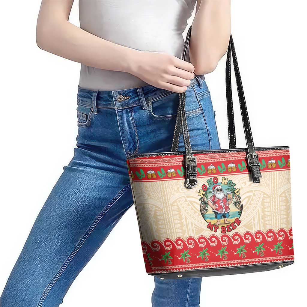 Mele Kalikimaka Hawaii Leather Tote Bag Funny Beer-Loving Santa Hawaiian Tropical - Polynesian Pride