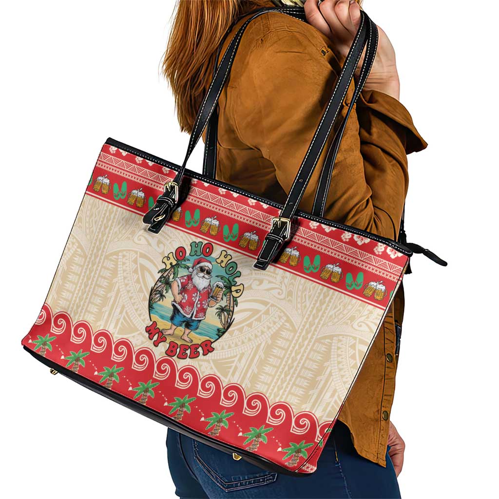 Mele Kalikimaka Hawaii Leather Tote Bag Funny Beer-Loving Santa Hawaiian Tropical - Polynesian Pride