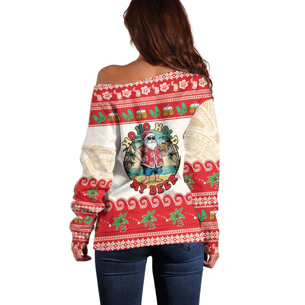 Mele Kalikimaka Hawaii Off Shoulder Sweater Funny Beer-Loving Santa Hawaiian Tropical - Polynesian Pride