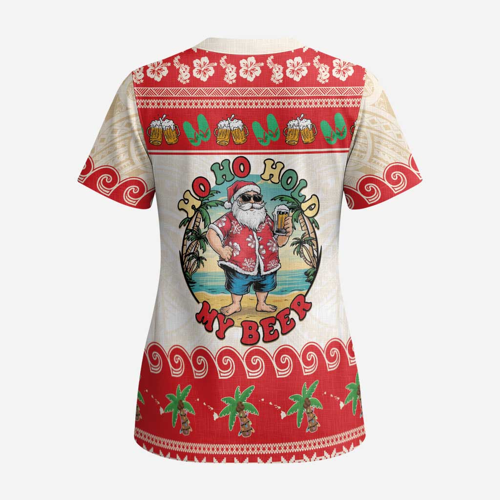 Mele Kalikimaka Hawaii Scrub Top Funny Beer-Loving Santa Hawaiian Tropical - Polynesian Pride