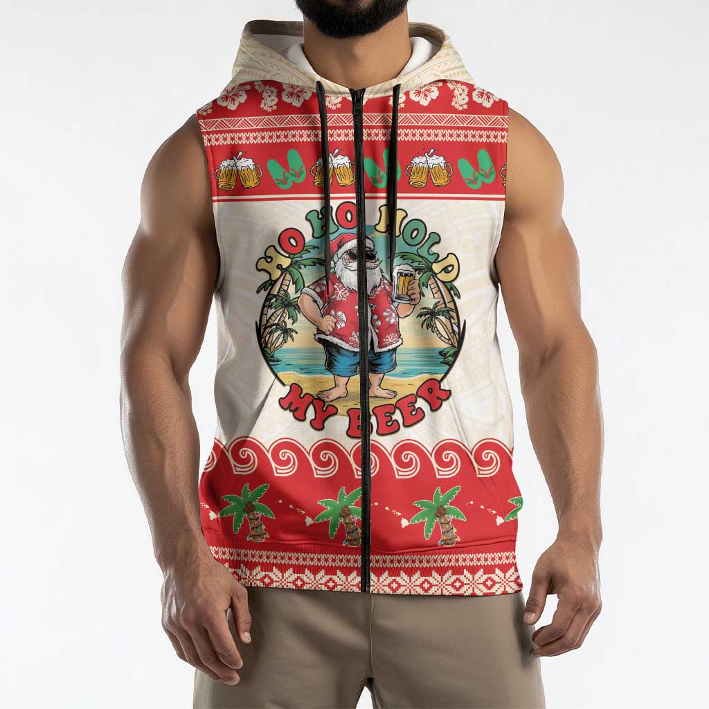 Mele Kalikimaka Hawaii Sleeveless Zip Hoodie Funny Beer-Loving Santa Hawaiian Tropical - Polynesian Pride