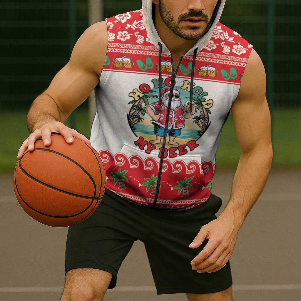 Mele Kalikimaka Hawaii Sleeveless Zip Hoodie Funny Beer-Loving Santa Hawaiian Tropical - Polynesian Pride