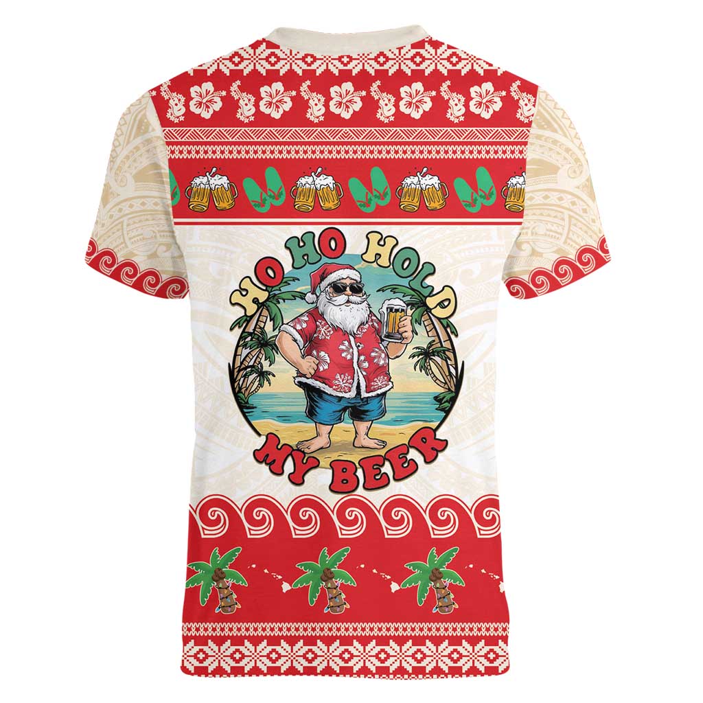 Mele Kalikimaka Hawaii Women V-Neck T-Shirt Funny Beer-Loving Santa Hawaiian Tropical - Polynesian Pride