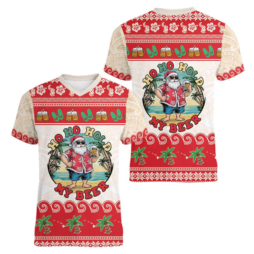 Mele Kalikimaka Hawaii Women V-Neck T-Shirt Funny Beer-Loving Santa Hawaiian Tropical - Polynesian Pride