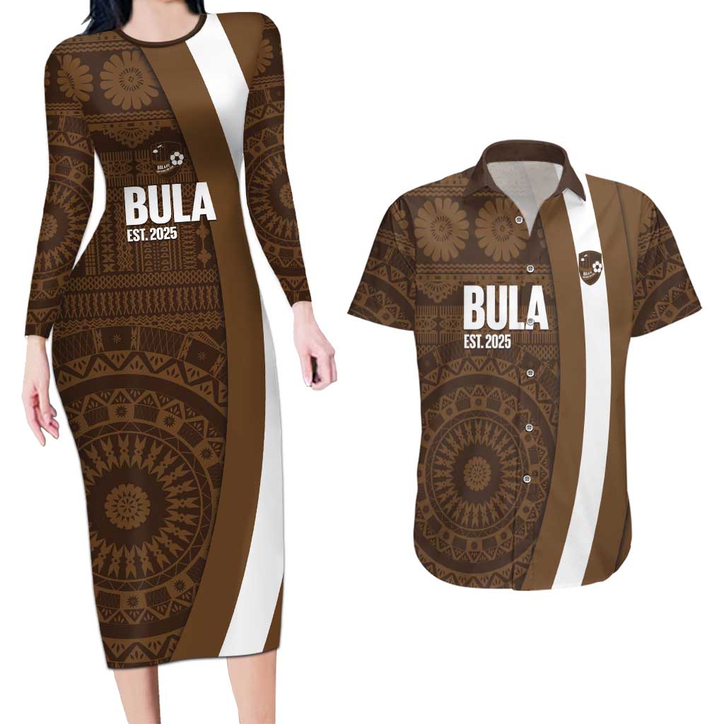 Bula Fiji Football Custom Couples Matching Long Sleeve Bodycon Dress and Hawaiian Shirt One Vanua One Team Tapa Pattern