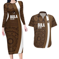 Bula Fiji Football Custom Couples Matching Long Sleeve Bodycon Dress and Hawaiian Shirt One Vanua One Team Tapa Pattern