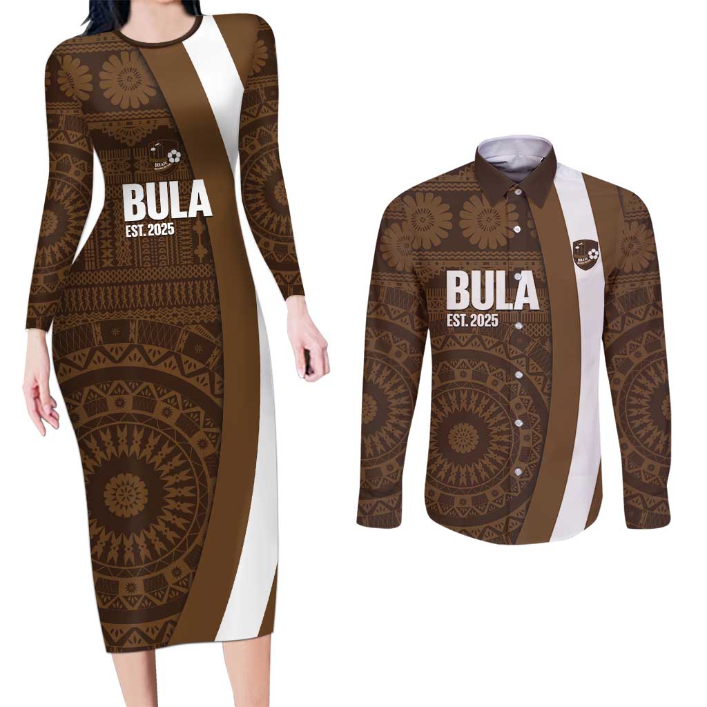 Bula Fiji Football Custom Couples Matching Long Sleeve Bodycon Dress and Long Sleeve Button Shirt One Vanua One Team Tapa Pattern