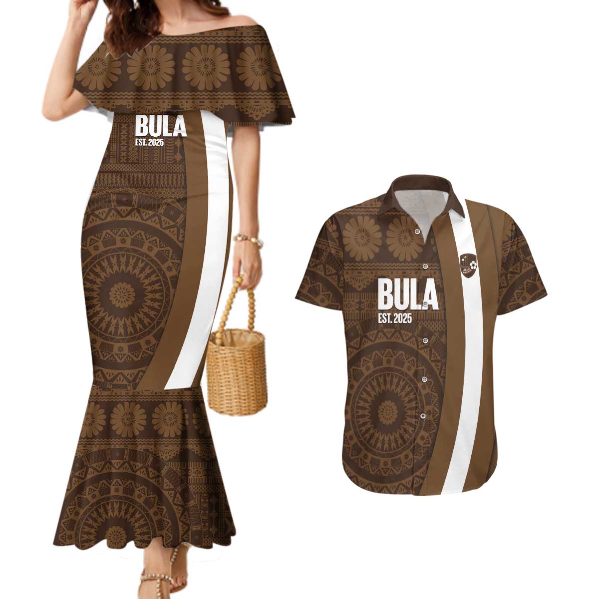 Bula Fiji Football Custom Couples Matching Mermaid Dress and Hawaiian Shirt One Vanua One Team Tapa Pattern