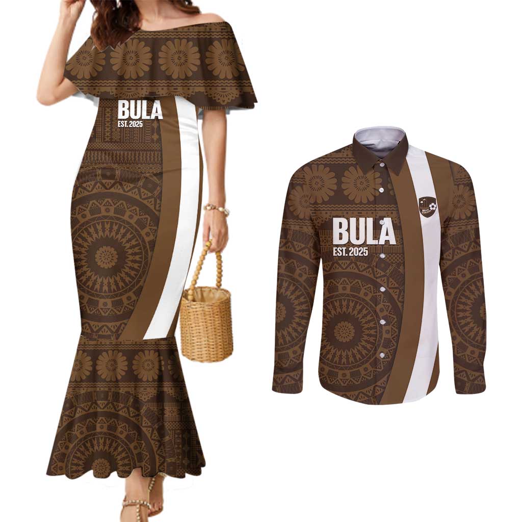Bula Fiji Football Custom Couples Matching Mermaid Dress and Long Sleeve Button Shirt One Vanua One Team Tapa Pattern