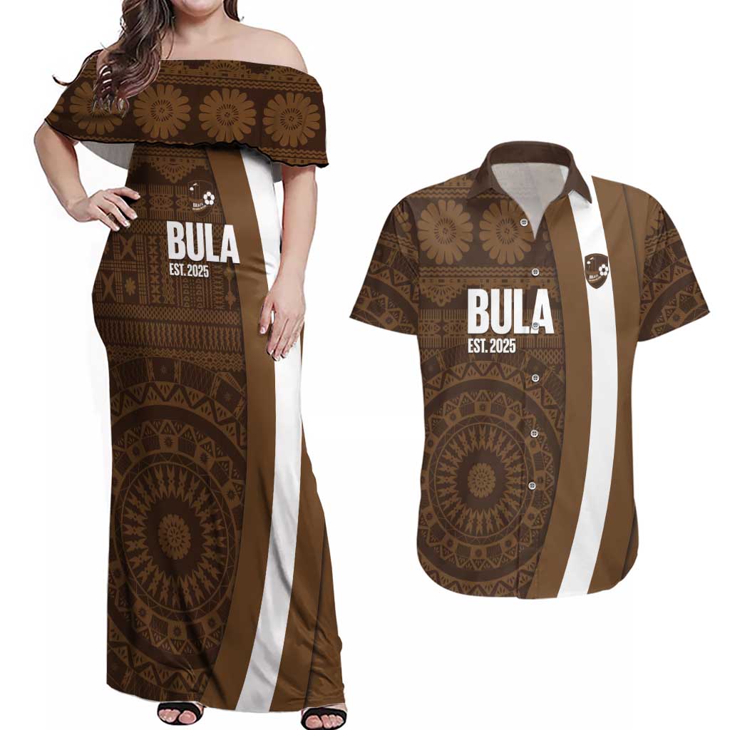 Bula Fiji Football Custom Couples Matching Off Shoulder Maxi Dress and Hawaiian Shirt One Vanua One Team Tapa Pattern