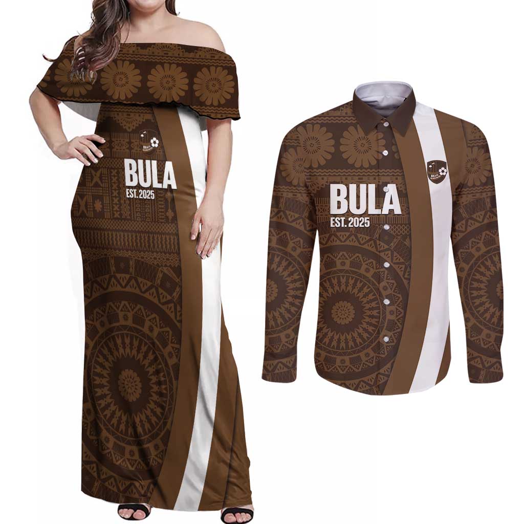 Bula Fiji Football Custom Couples Matching Off Shoulder Maxi Dress and Long Sleeve Button Shirt One Vanua One Team Tapa Pattern