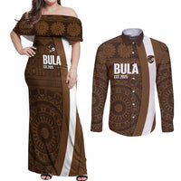 Bula Fiji Football Custom Couples Matching Off Shoulder Maxi Dress and Long Sleeve Button Shirt One Vanua One Team Tapa Pattern LT14 Brown - Polynesian Pride