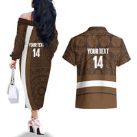 Bula Fiji Football Custom Couples Matching Off The Shoulder Long Sleeve Dress and Hawaiian Shirt One Vanua One Team Tapa Pattern