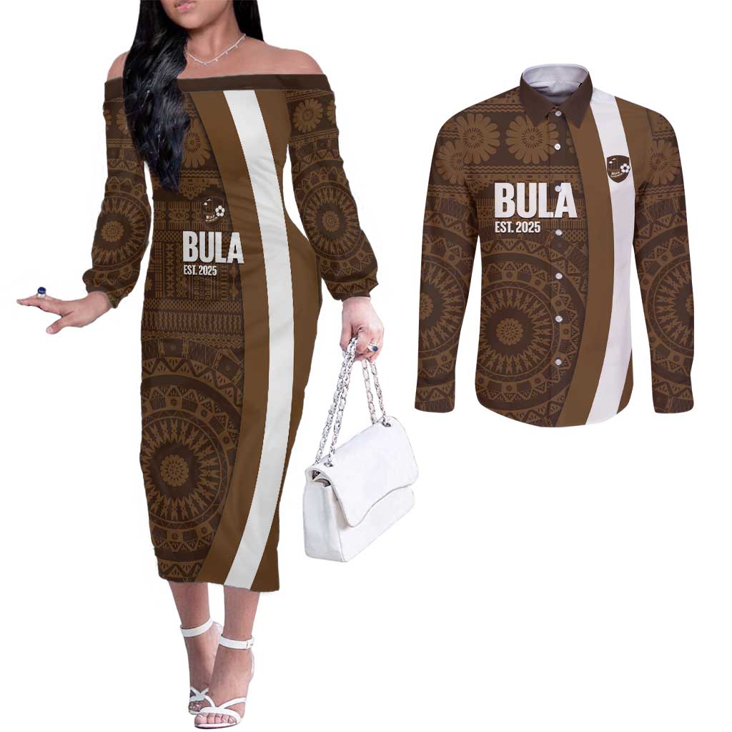 Bula Fiji Football Custom Couples Matching Off The Shoulder Long Sleeve Dress and Long Sleeve Button Shirt One Vanua One Team Tapa Pattern