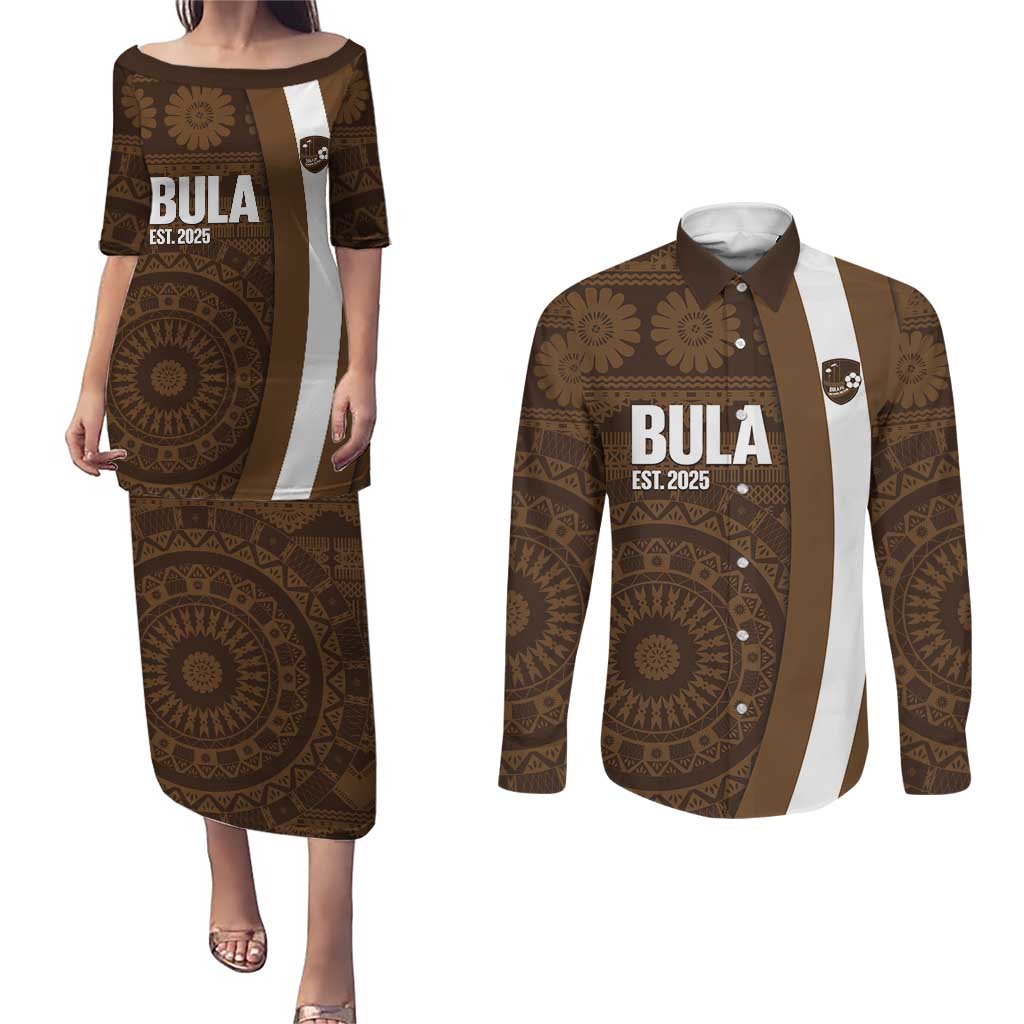 Bula Fiji Football Custom Couples Matching Puletasi and Long Sleeve Button Shirt One Vanua One Team Tapa Pattern