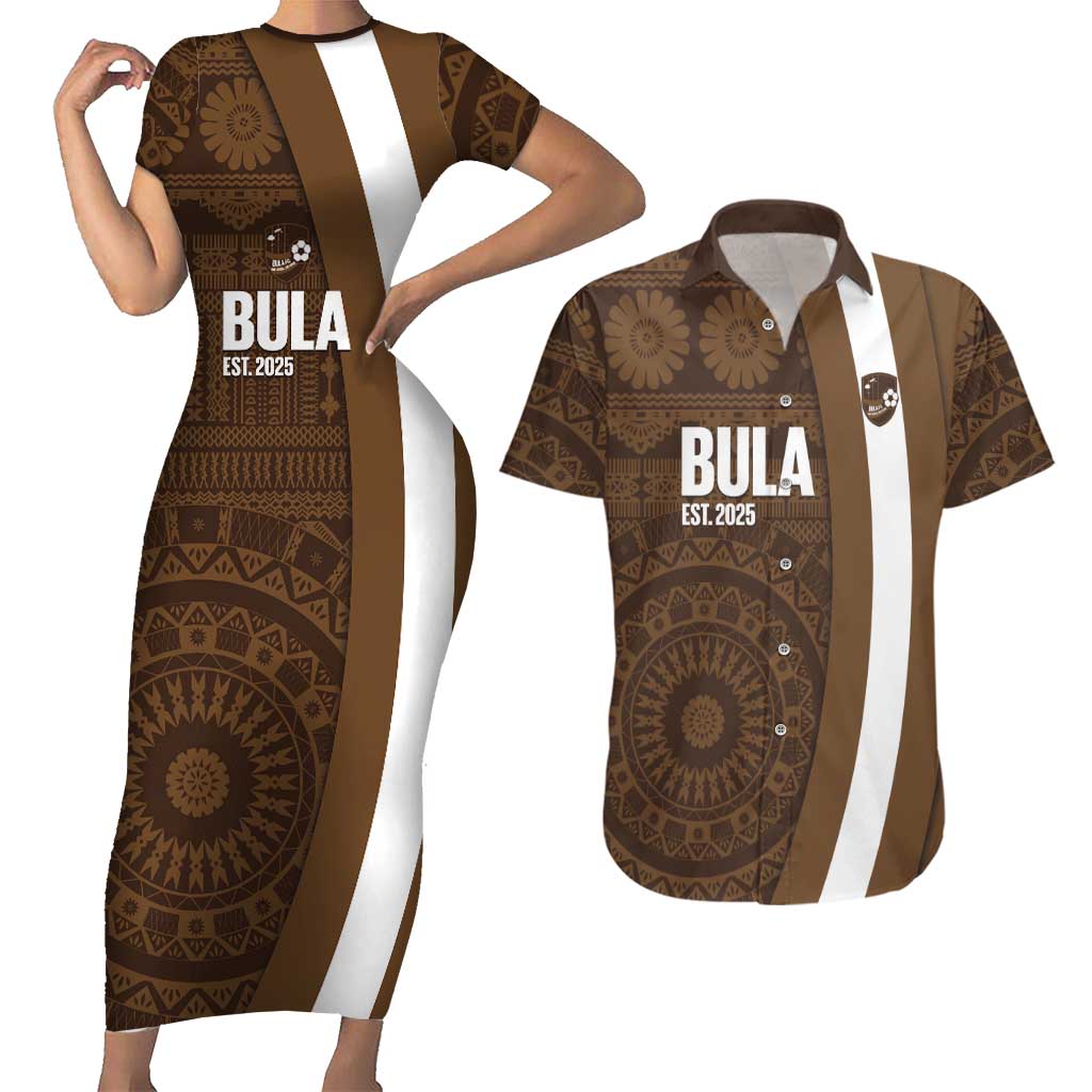 Bula Fiji Football Custom Couples Matching Short Sleeve Bodycon Dress and Hawaiian Shirt One Vanua One Team Tapa Pattern