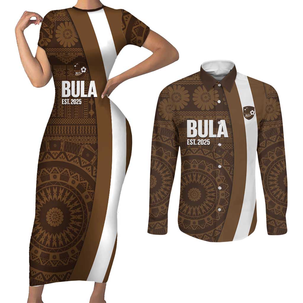 Bula Fiji Football Custom Couples Matching Short Sleeve Bodycon Dress and Long Sleeve Button Shirt One Vanua One Team Tapa Pattern