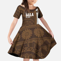 Bula Fiji Football Custom Family Matching Puletasi and Hawaiian Shirt One Vanua One Team Tapa Pattern LT14 Daughter's Dress Brown - Polynesian Pride