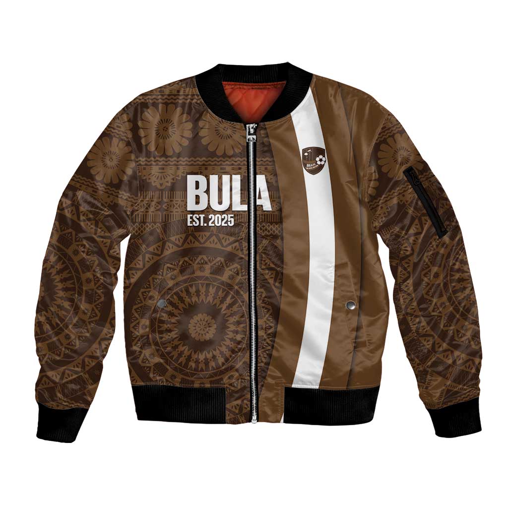 Bula Fiji Football Custom Sleeve Zip Bomber Jacket One Vanua One Team Tapa Pattern LT14 Unisex Brown - Polynesian Pride