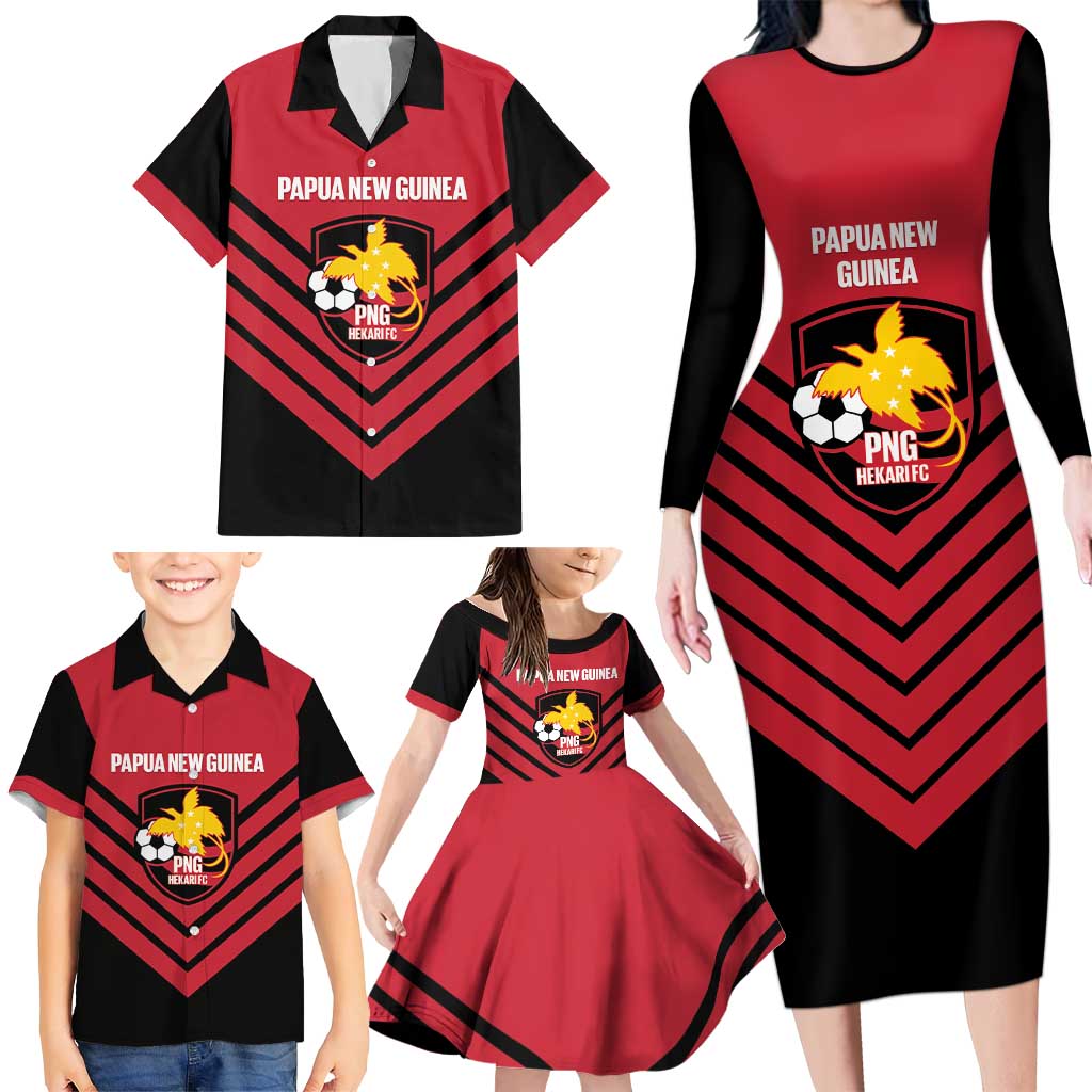 Hekari Papua New Guinea Football Custom Family Matching Long Sleeve Bodycon Dress and Hawaiian Shirt Go PNG Red Army LT14 - Polynesian Pride