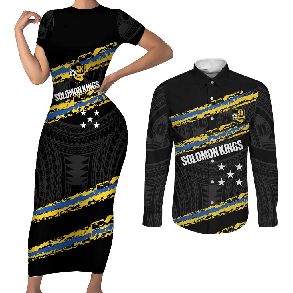 Kings Solomon Islands Football Custom Couples Matching Short Sleeve Bodycon Dress and Long Sleeve Button Shirt Come On Solomons Polynesian Grunge Style