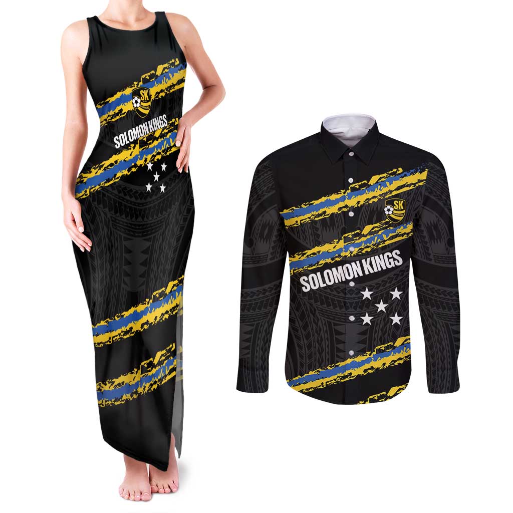 Kings Solomon Islands Football Custom Couples Matching Tank Maxi Dress and Long Sleeve Button Shirt Come On Solomons Polynesian Grunge Style