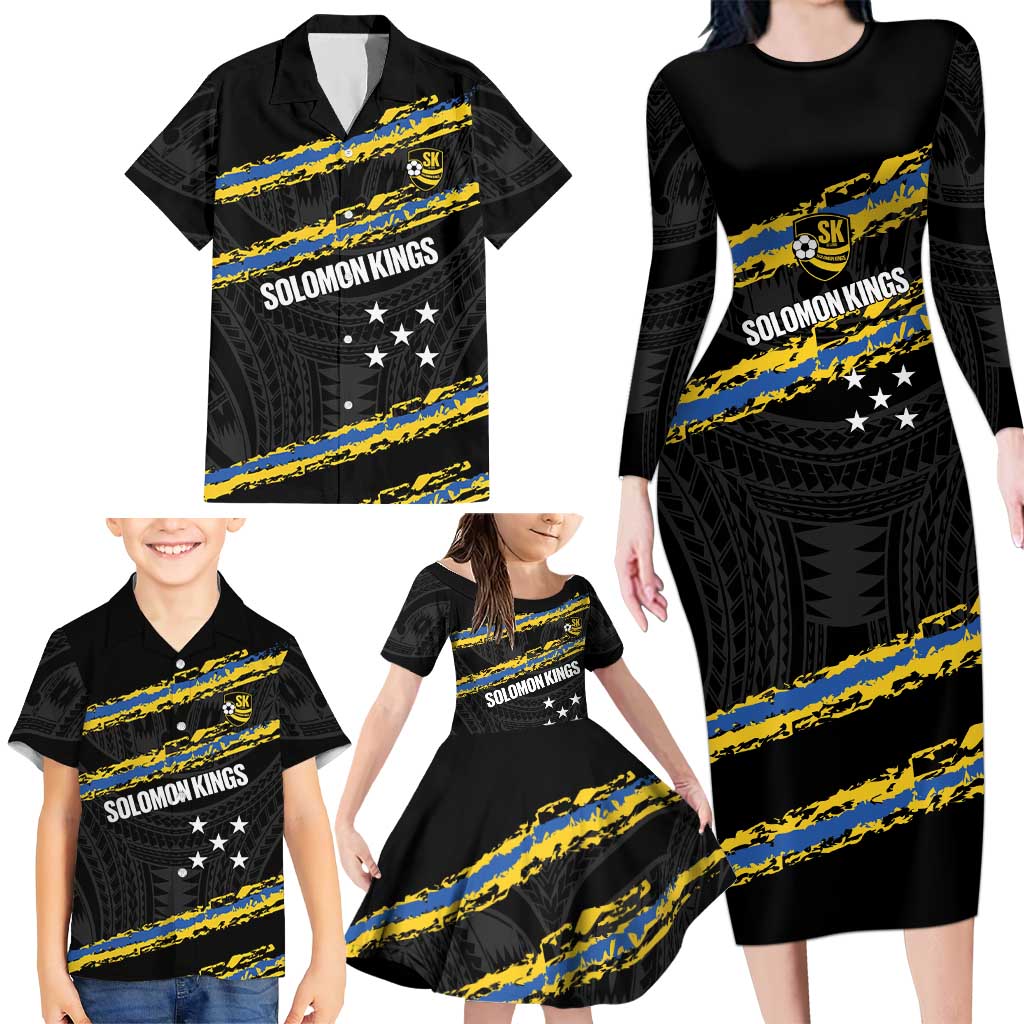 Kings Solomon Islands Football Custom Family Matching Long Sleeve Bodycon Dress and Hawaiian Shirt Come On Solomons Polynesian Grunge Style