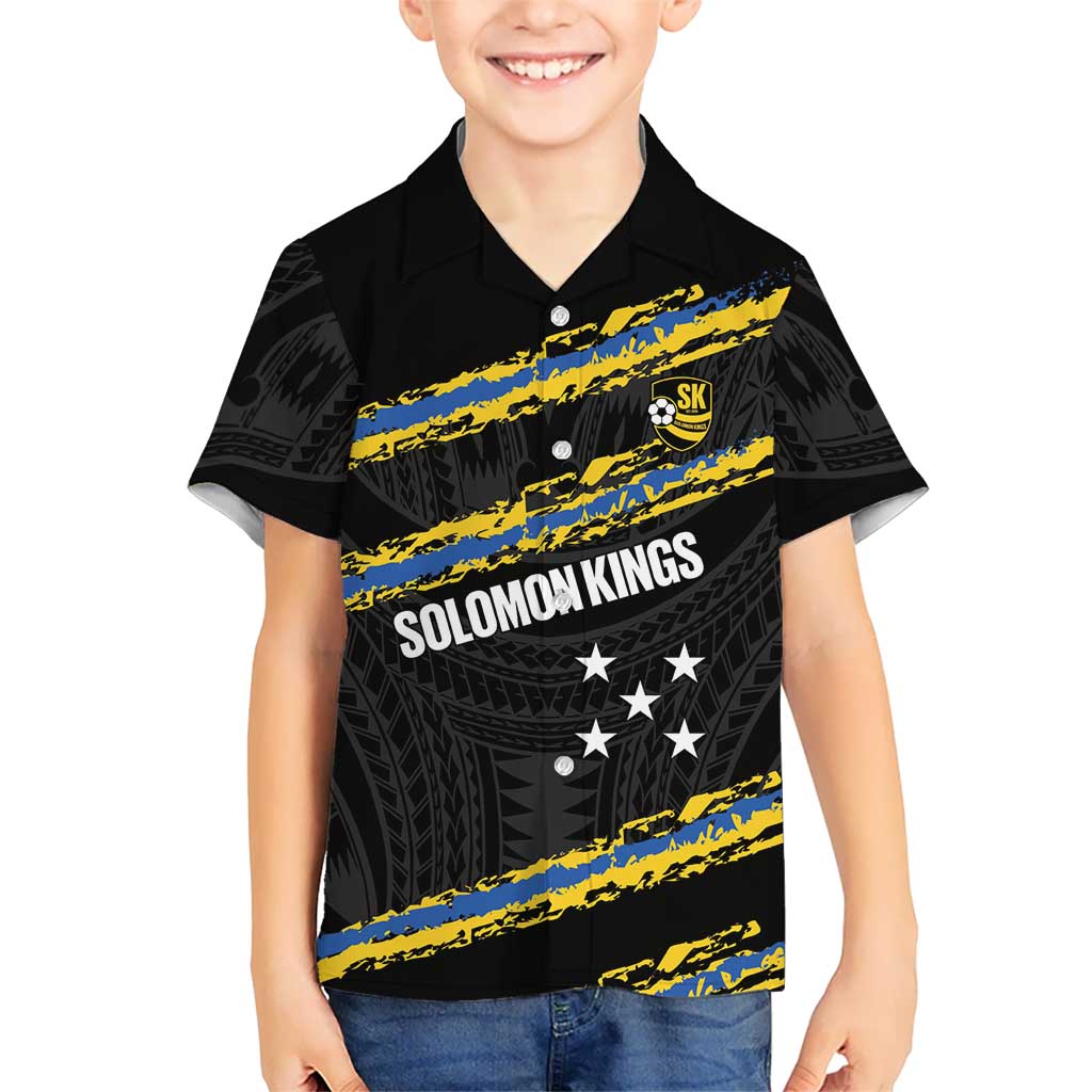 Kings Solomon Islands Football Custom Family Matching Mermaid Dress and Hawaiian Shirt Come On Solomons Polynesian Grunge Style LT14 Son's Shirt Black - Polynesian Pride