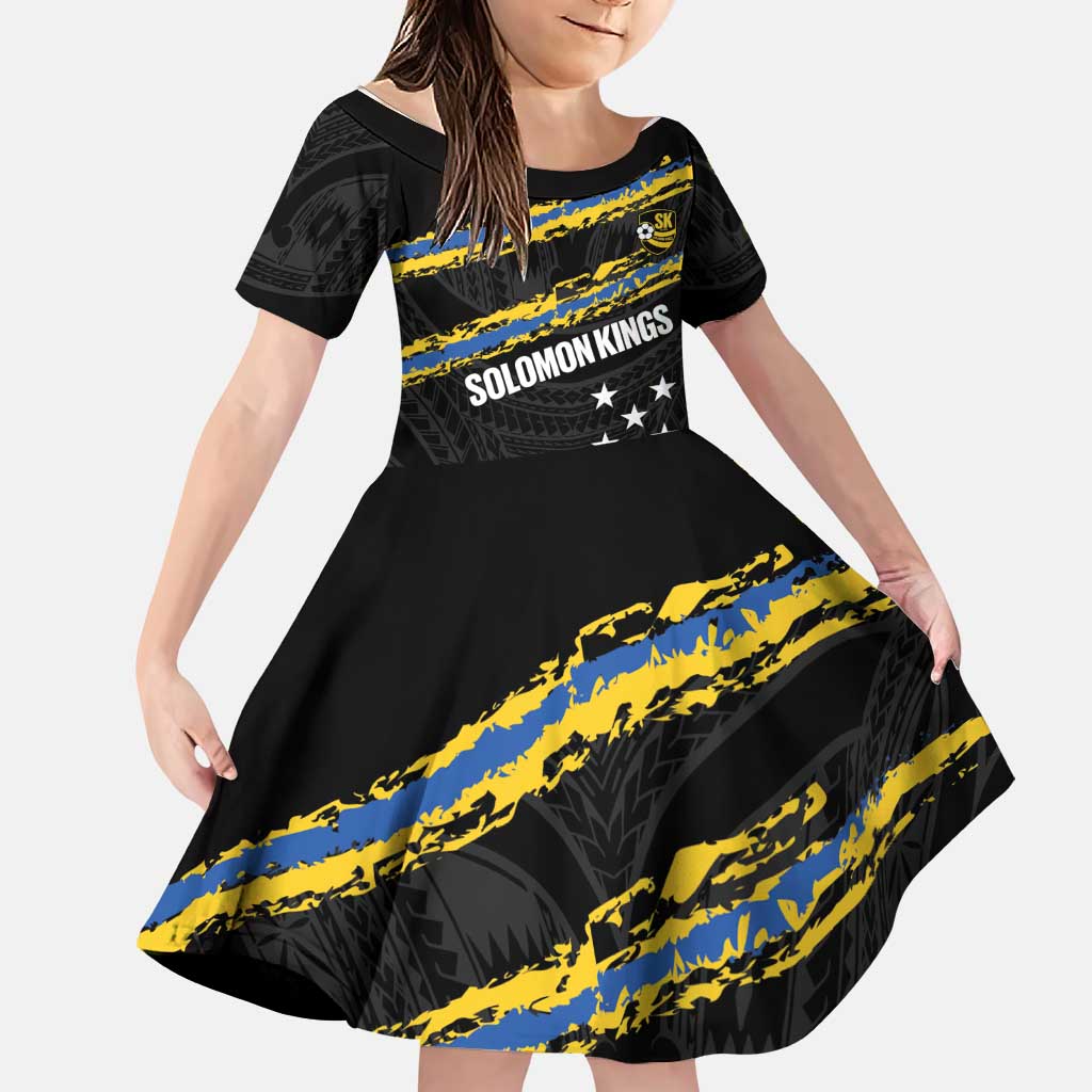Kings Solomon Islands Football Custom Family Matching Off The Shoulder Long Sleeve Dress and Hawaiian Shirt Come On Solomons Polynesian Grunge Style LT14 Daughter's Dress Black - Polynesian Pride