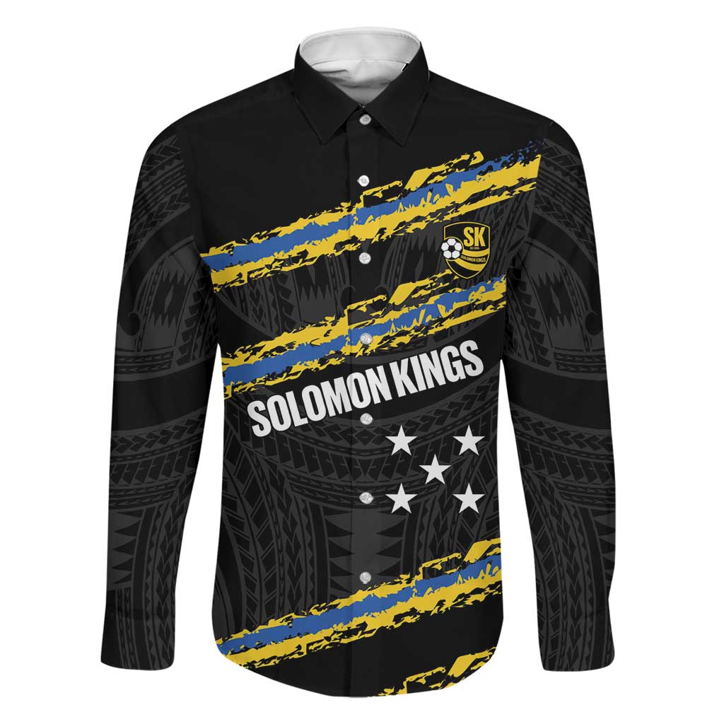 Kings Solomon Islands Football Custom Family Matching Off Shoulder Maxi Dress and Hawaiian Shirt Come On Solomons Polynesian Grunge Style LT14 Dad's Shirt - Long Sleeve Black - Polynesian Pride