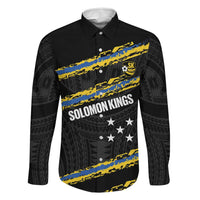 Kings Solomon Islands Football Custom Family Matching Off Shoulder Maxi Dress and Hawaiian Shirt Come On Solomons Polynesian Grunge Style LT14 Dad's Shirt - Long Sleeve Black - Polynesian Pride