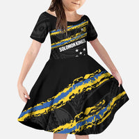 Kings Solomon Islands Football Custom Family Matching Off Shoulder Short Dress and Hawaiian Shirt Come On Solomons Polynesian Grunge Style LT14 Daughter's Dress Black - Polynesian Pride