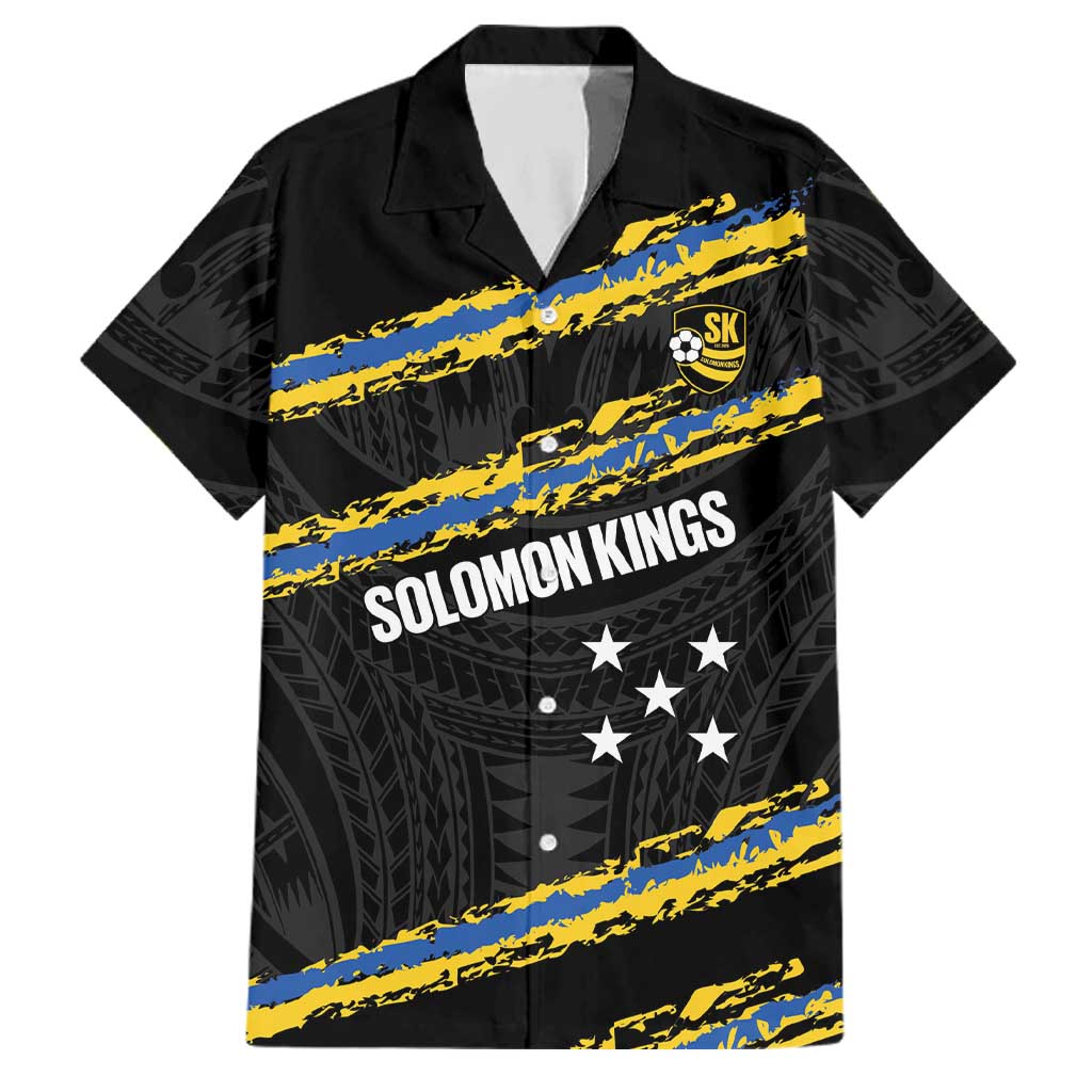 Kings Solomon Islands Football Custom Family Matching Short Sleeve Bodycon Dress and Hawaiian Shirt Come On Solomons Polynesian Grunge Style LT14 Dad's Shirt - Short Sleeve Black - Polynesian Pride