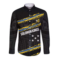 Kings Solomon Islands Football Custom Long Sleeve Button Shirt Come On Solomons Polynesian Grunge Style LT14 Unisex Black - Polynesian Pride