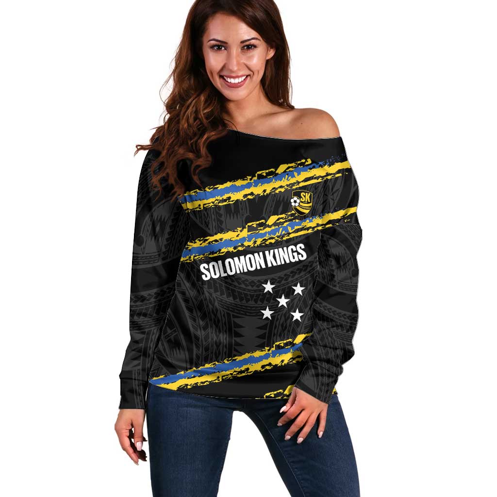 Kings Solomon Islands Football Custom Off Shoulder Sweater Come On Solomons Polynesian Grunge Style LT14 Women Black - Polynesian Pride