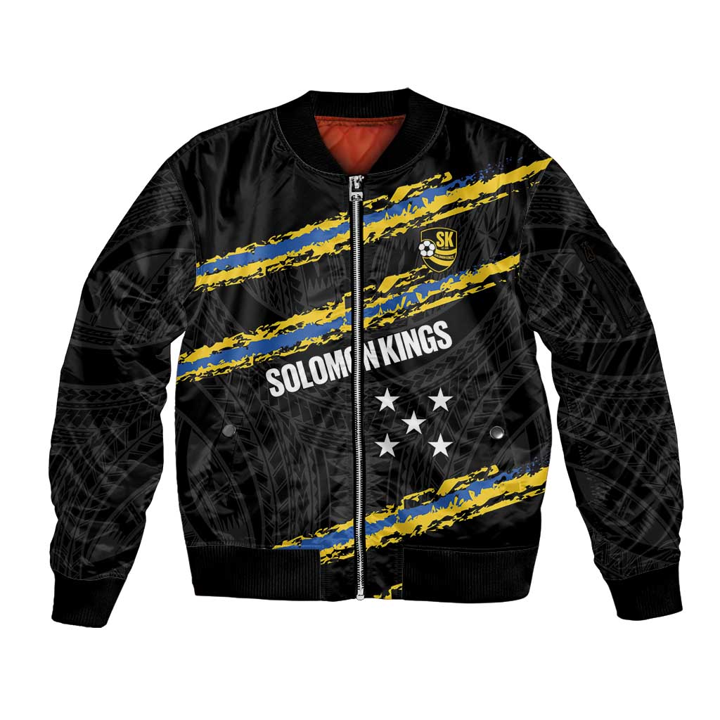 Kings Solomon Islands Football Custom Sleeve Zip Bomber Jacket Come On Solomons Polynesian Grunge Style LT14 Unisex Black - Polynesian Pride