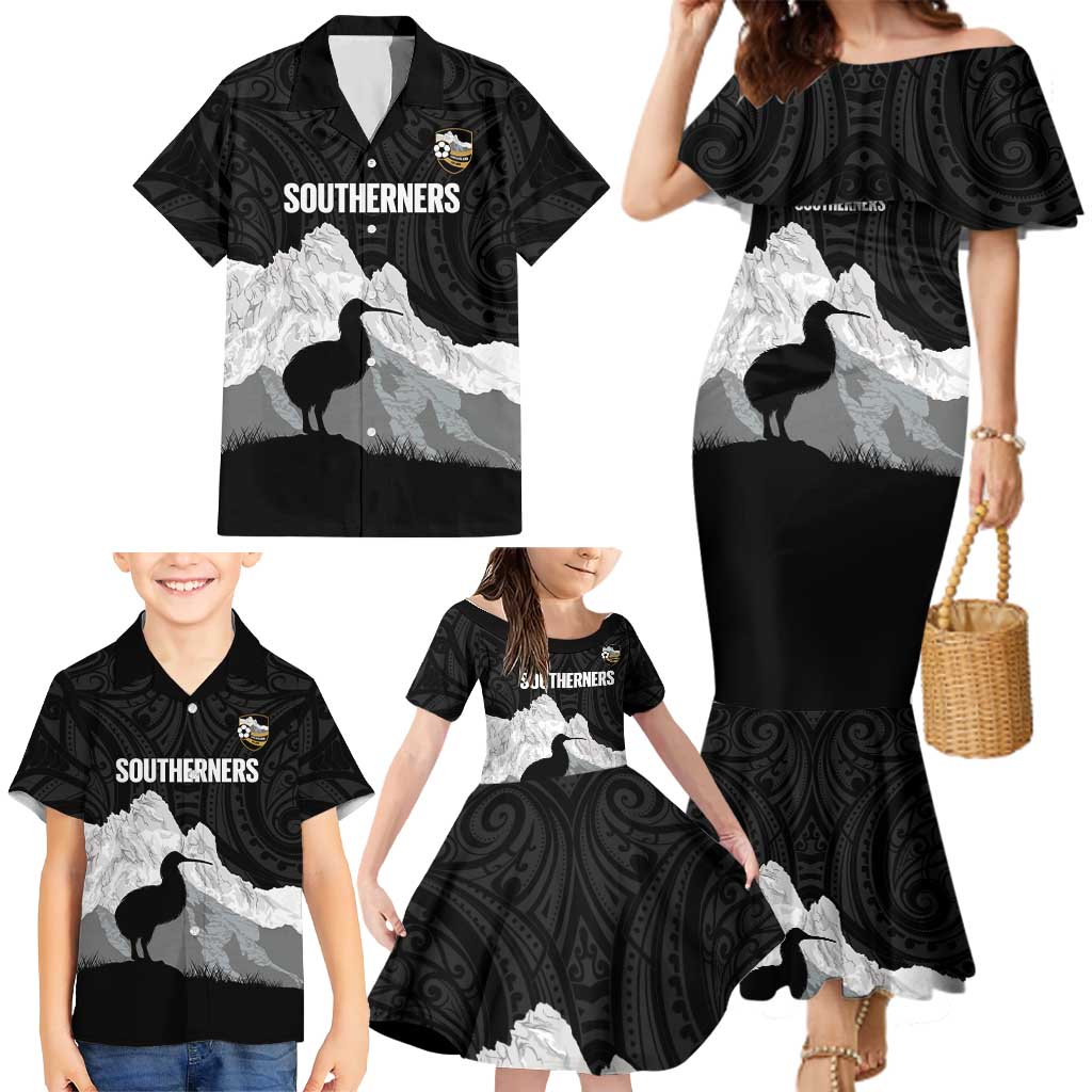 New Zealand South Island Football Custom Family Matching Mermaid Dress and Hawaiian Shirt Aoraki Mount Cook With Kiwi Maori Pattern LT14 - Polynesian Pride