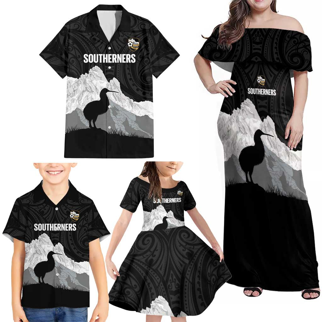New Zealand South Island Football Custom Family Matching Off Shoulder Maxi Dress and Hawaiian Shirt Aoraki Mount Cook With Kiwi Maori Pattern