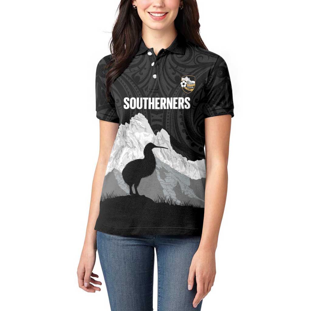 New Zealand South Island Football Custom Women Polo Shirt Aoraki Mount Cook With Kiwi Maori Pattern