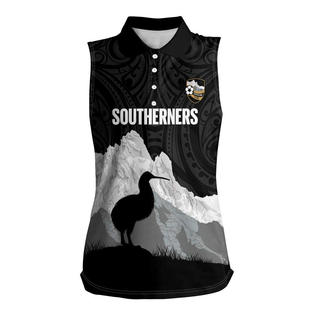 New Zealand South Island Football Custom Women Sleeveless Polo Shirt Aoraki Mount Cook With Kiwi Maori Pattern