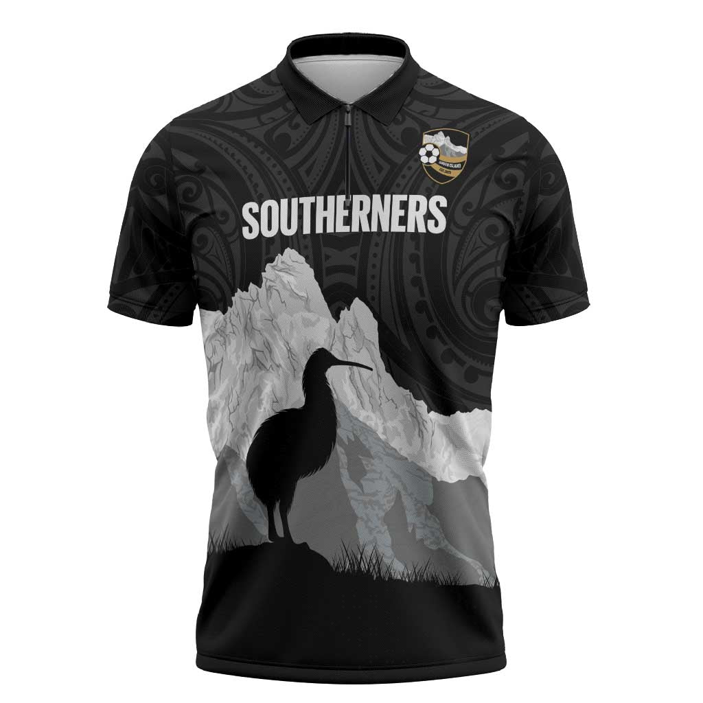 New Zealand South Island Football Custom Zipper Polo Shirt Aoraki Mount Cook With Kiwi Maori Pattern