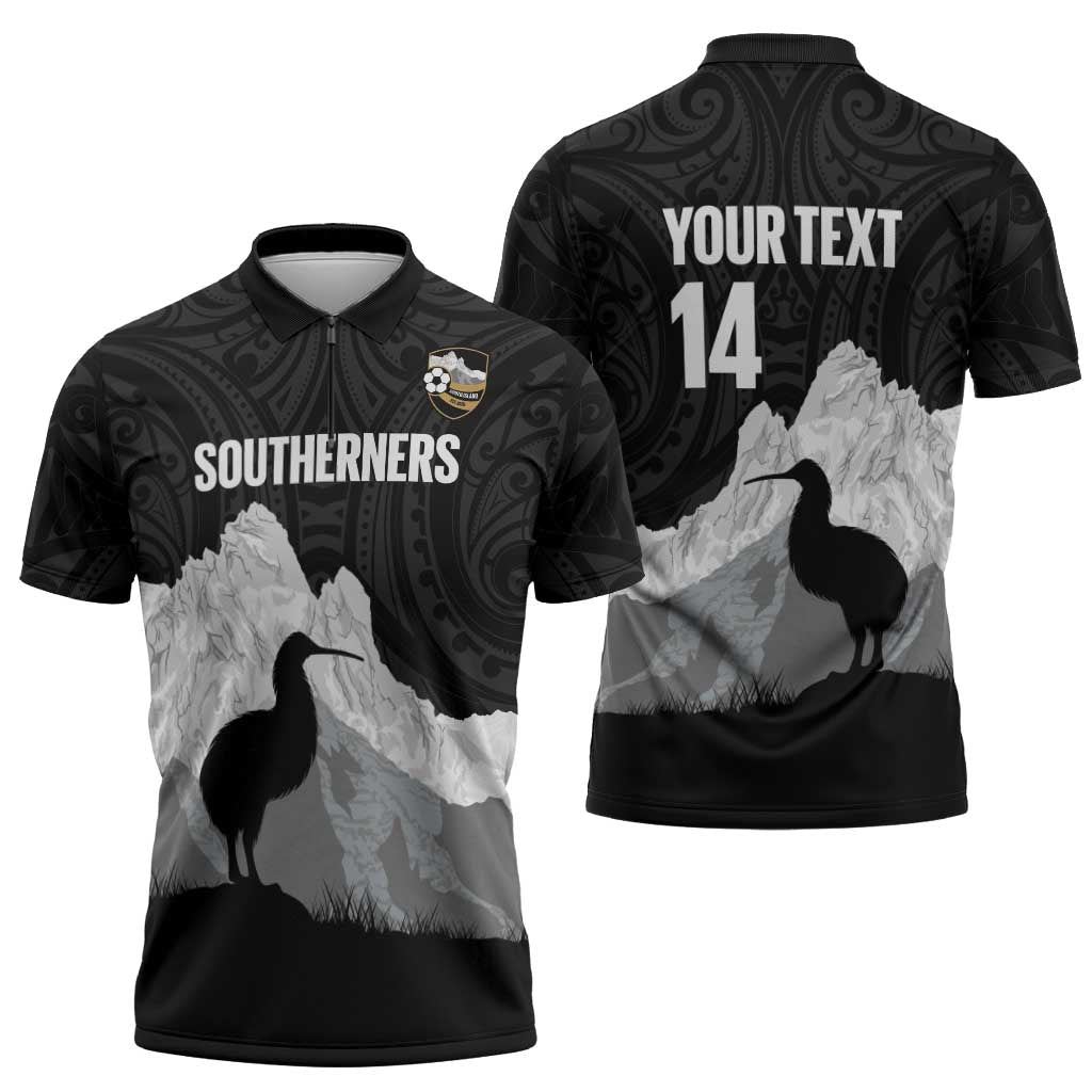 New Zealand South Island Football Custom Zipper Polo Shirt Aoraki Mount Cook With Kiwi Maori Pattern