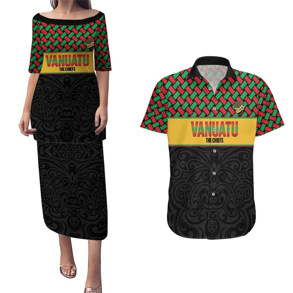 Vanuatu Football Custom Couples Matching Puletasi and Hawaiian Shirt Go Chiefs Basket-weave Pattern LT14 Black - Polynesian Pride